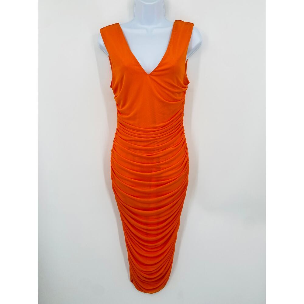 AFRM orange ruched mesh midi dress